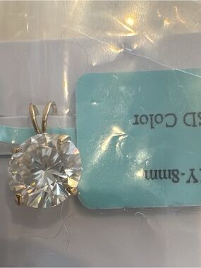 14k 8mm Moissanite Solitaire Pendant in Clear White with Gold Prongs solid 14k